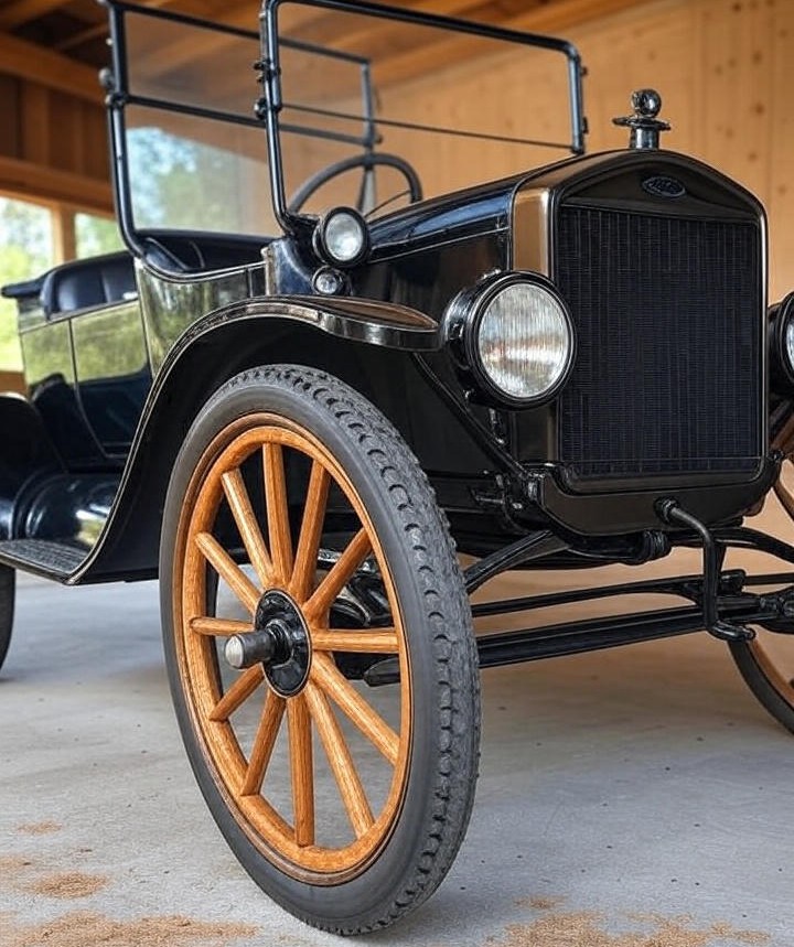 Black Ford Model T (1908) Car body was lightweight yet durable, supported by a steel chassis.