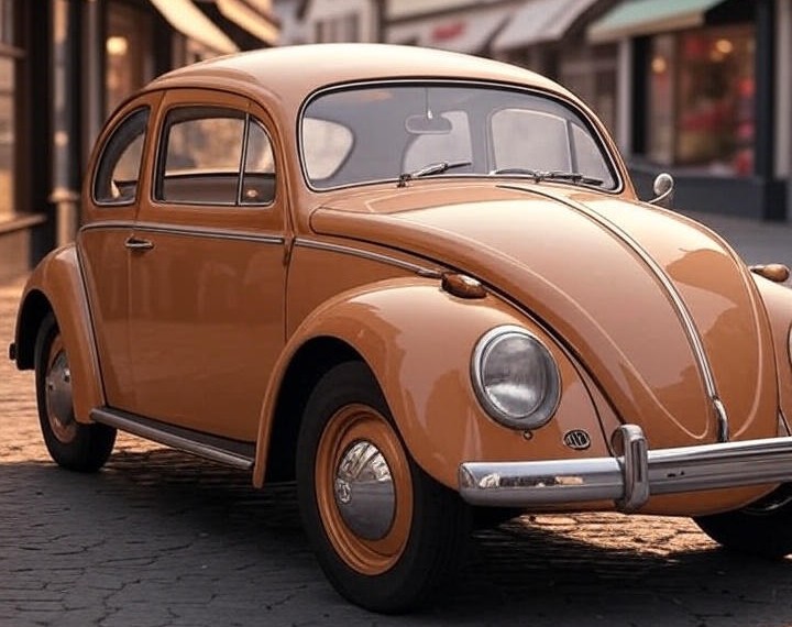 Dark Orange Volkswagen Beetle (1938) is parking Infront of House