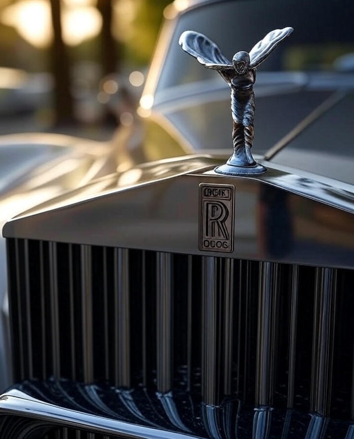 Silver Rolls-Royce Silver Cloud (1955) Car Infront View and it's Symbol A fariry on infront