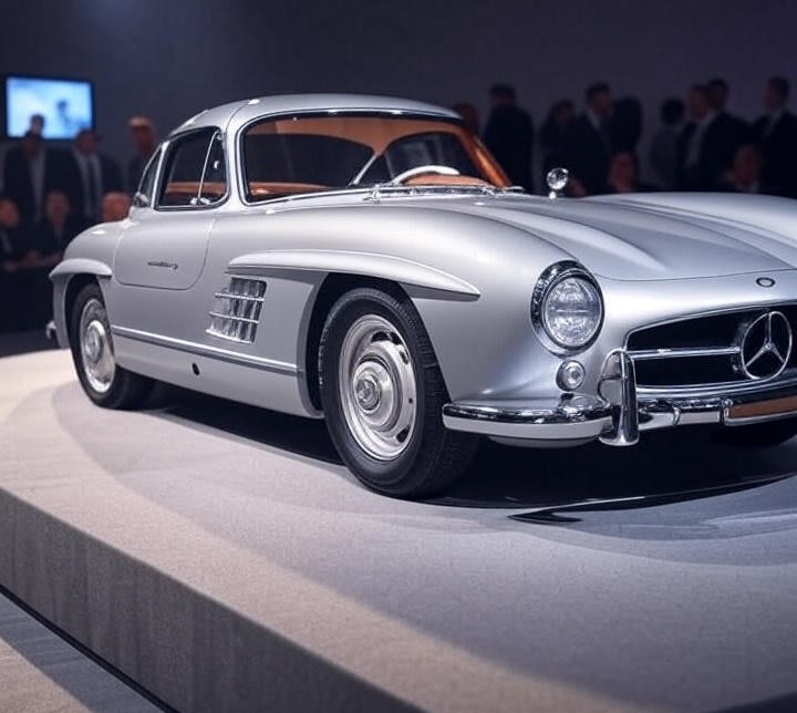 Silver Mercedes-Benz 300SL Gullwing (1954) Car Front View and see on Showroom