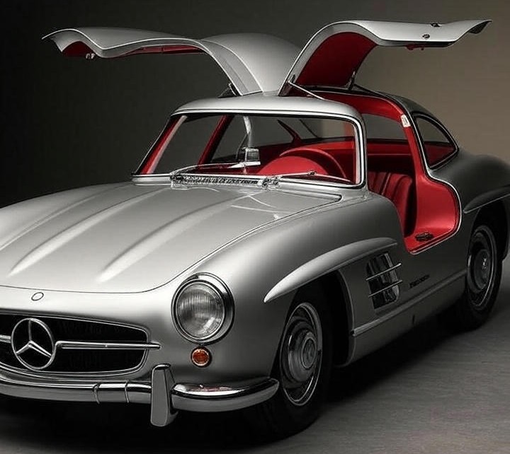 Silver Mercedes-Benz 300SL Gullwing (1954) Car parked on House.
