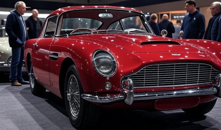 Red Aston Martin DB5 (1963) Car parking in market Place for Sell and in it's Background People are discussing for Purchase.