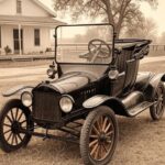 Ford Model T 1908 black touring car front view and Parked infront of House