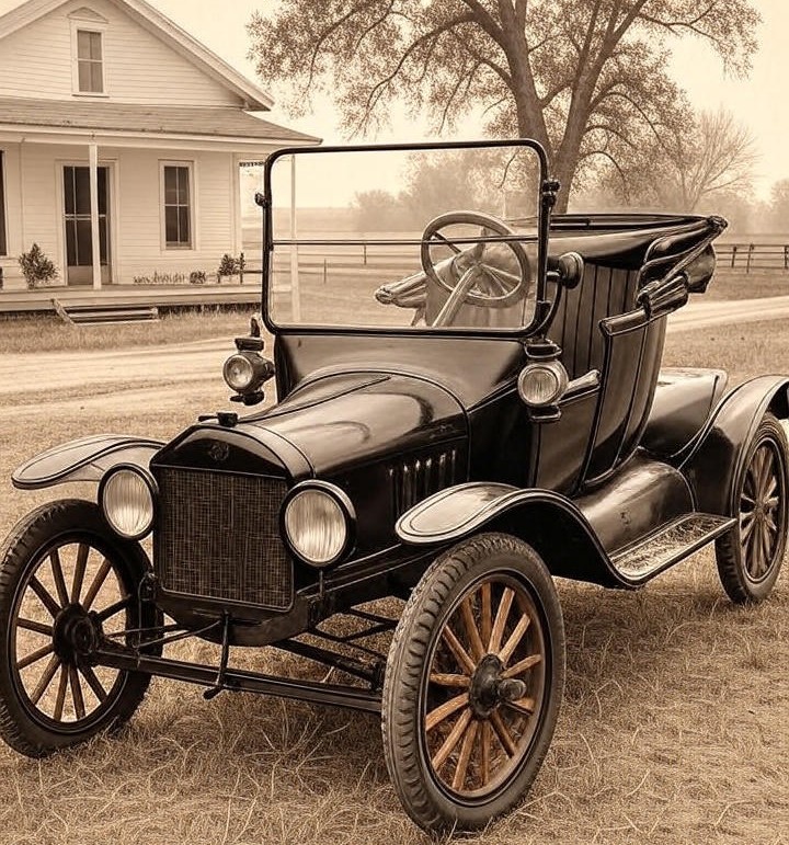 Ford Model T 1908 black touring car front view and Parked infront of House