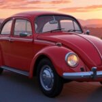 Red Volkswagen Beetle (1938) Car Is Driven infront of Hill/mountain in Background