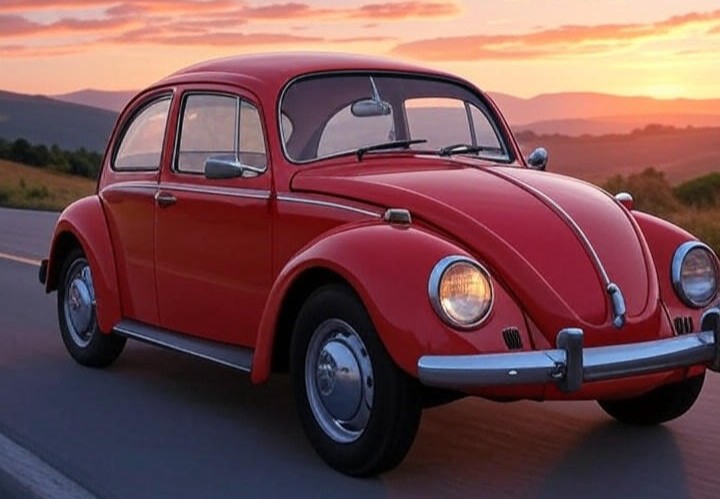 Red Volkswagen Beetle (1938) Car Is Driven infront of Hill/mountain in Background