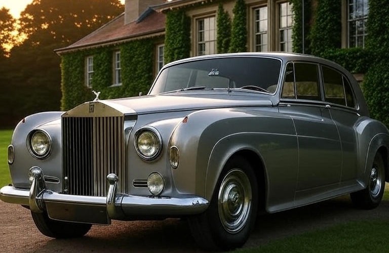 Silver Rolls-Royce Silver Cloud (1955) Car is parked on infront of House