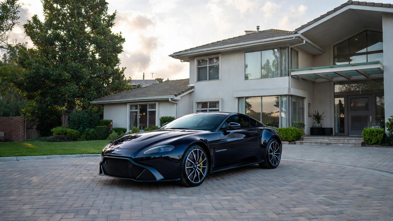 Aston Martin Vantage V8 parked outside a luxury residence.