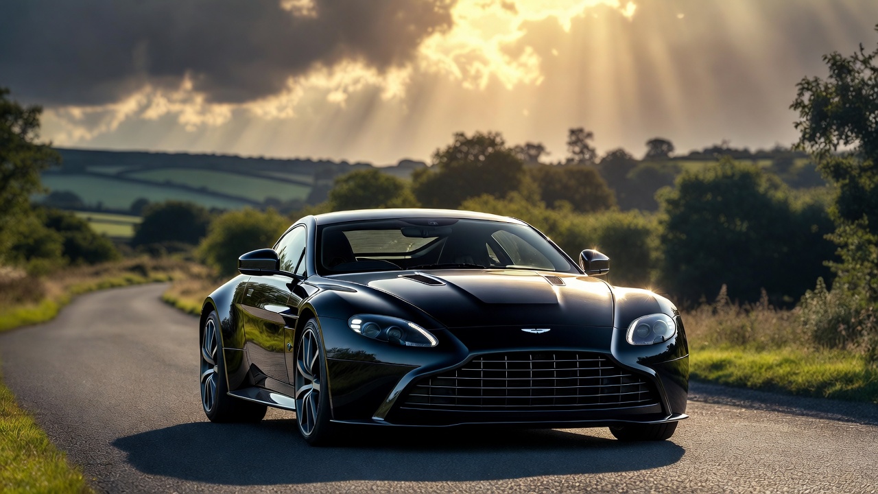 Aston Martin Vantage V8 luxury sports car parked on a scenic British road.