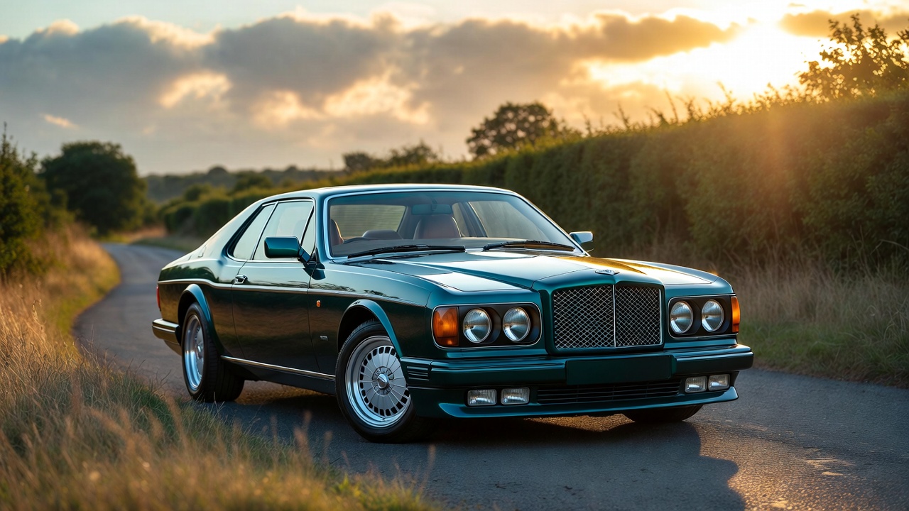 Bentley Continental R parked on a scenic countryside road showcasing its classic grand touring design.