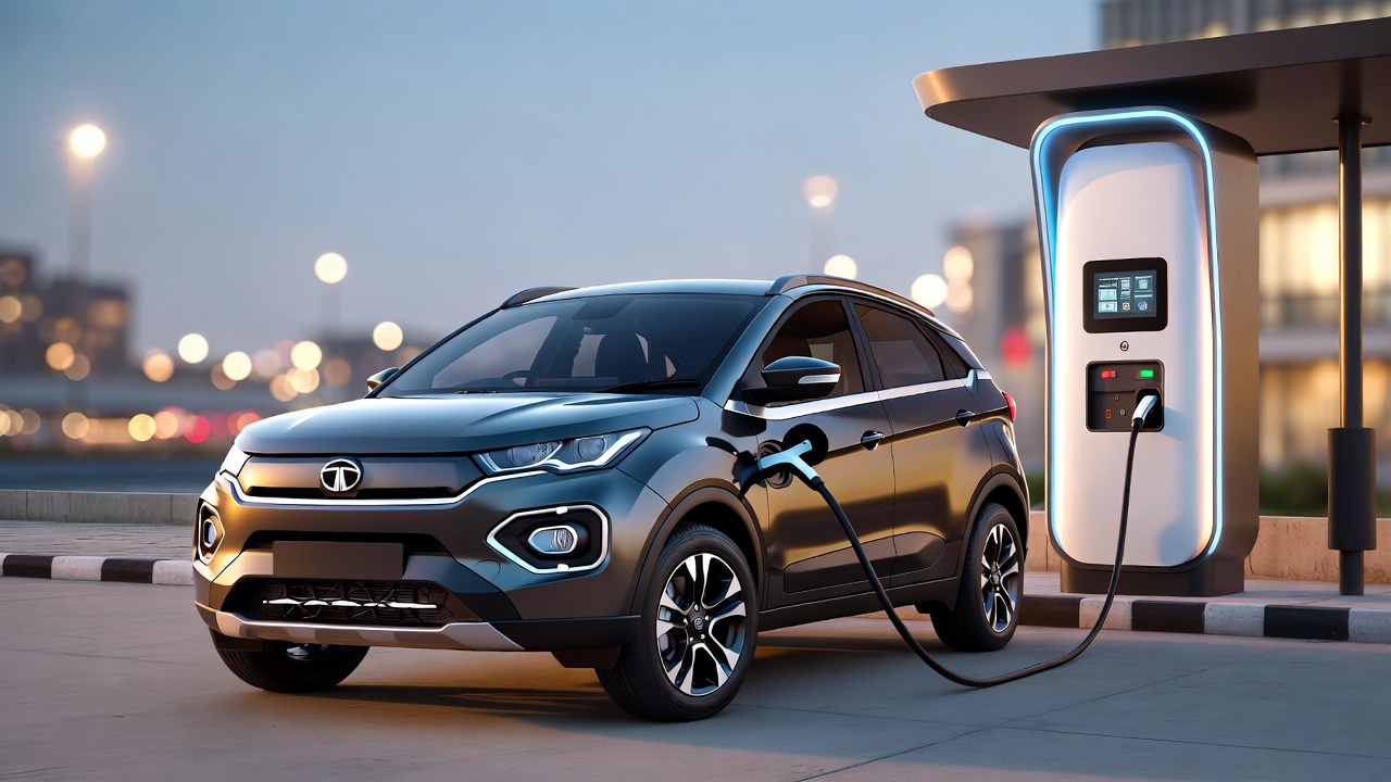 Tata Nexon EV charging at fast charging station in India.