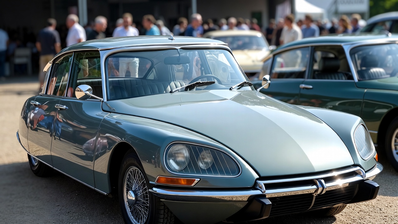Restored Citroën DS displayed at a classic car exhibition