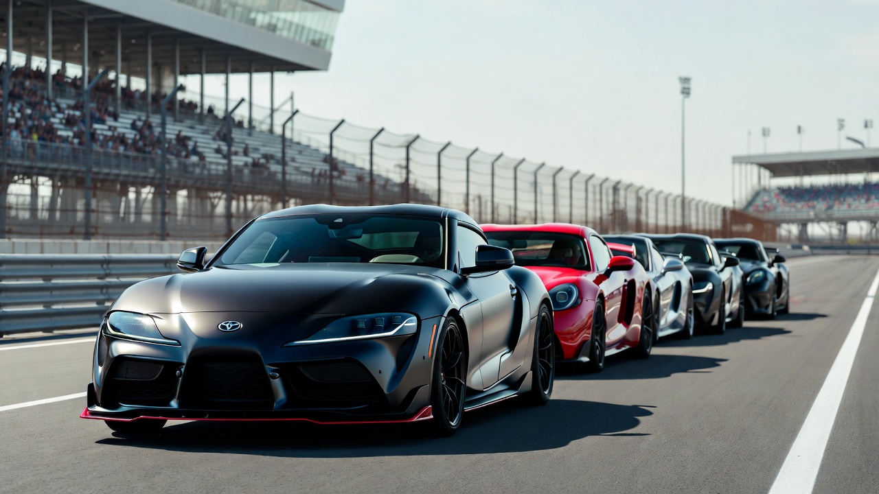 Toyota GR Supra compared with other sports cars on racetrack.