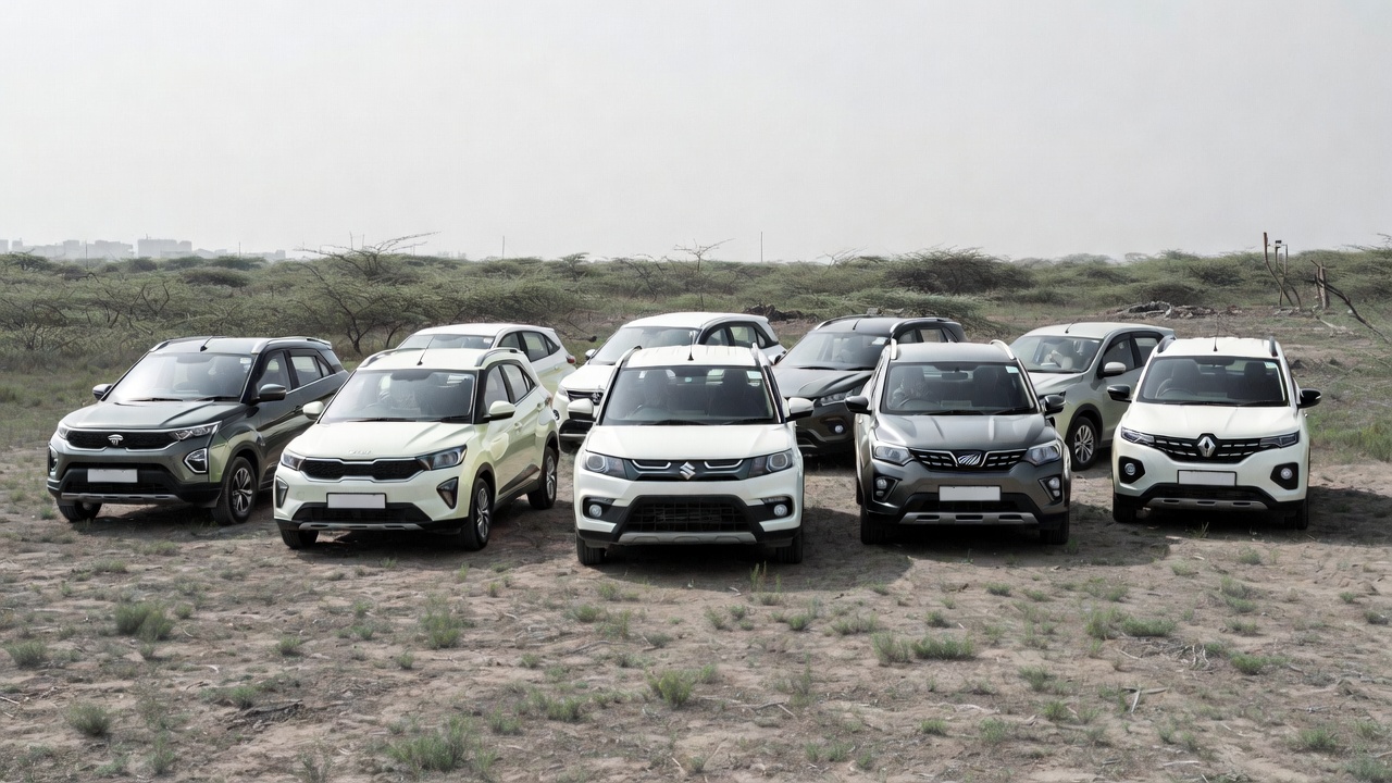 “Lineup of compact SUVs in India including Maruti Suzuki Brezza in center, parked side by side on open ground, clear daylight, realistic automotive comparison photography”.