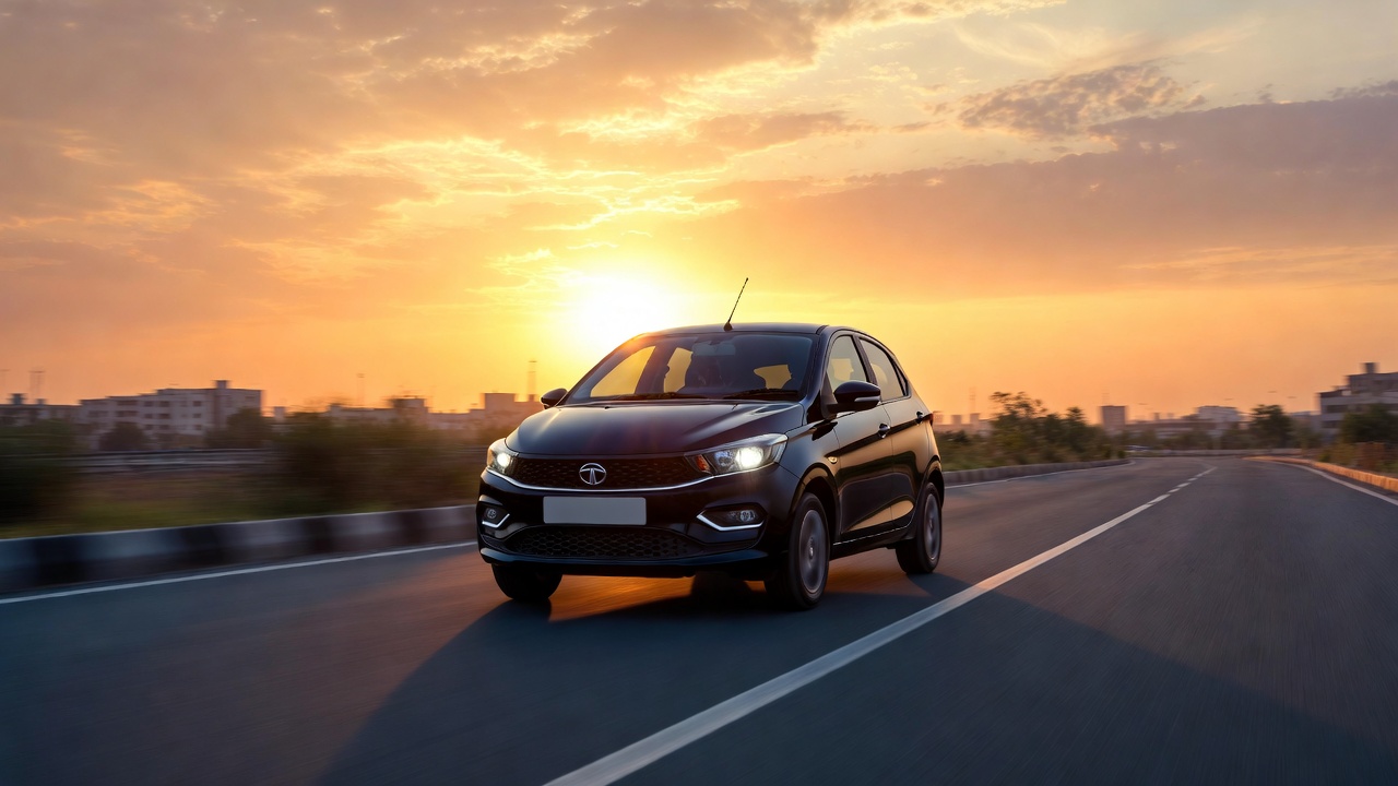 Tata Tiago EV driving into sunset symbolizing future electric mobility.