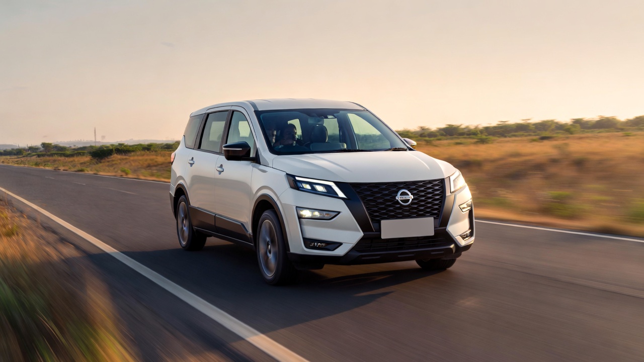 Nissan Gravite driving on highway in India.