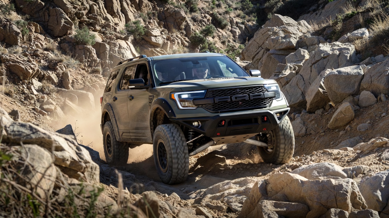 Ford Explorer Tremor climbing rocky terrain showing off-road suspension capability.
