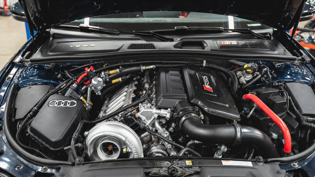 Audi RS5 Avant 2.9 liter twin turbo V6 engine close up.