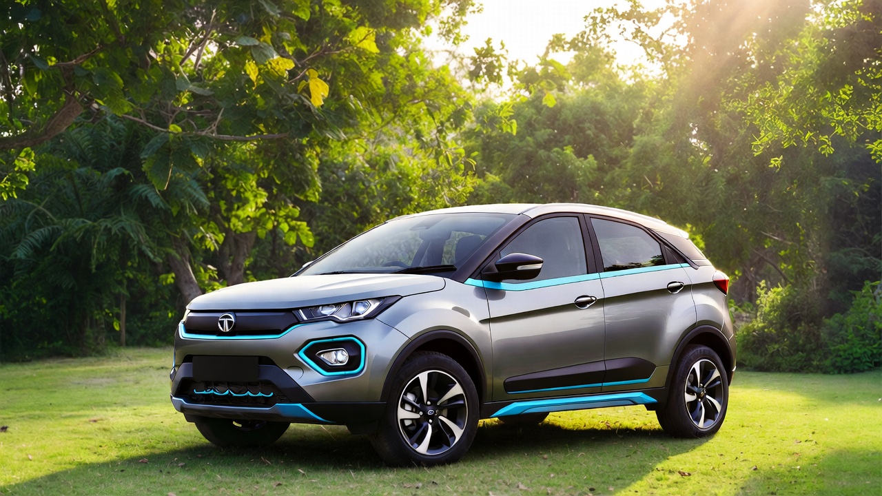 Tata Nexon EV parked in eco-friendly green environment.