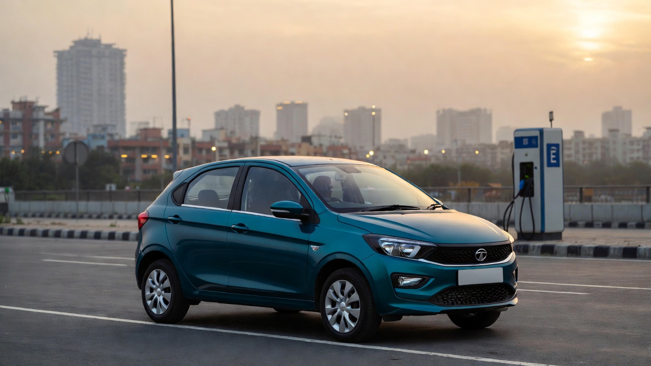 Tata Tiago EV parked in Indian city during sunrise showing modern electric hatchback design.