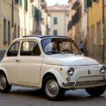 Fiat 500 classic Italian city car parked on a narrow European street