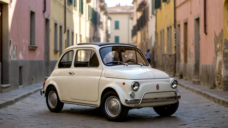 Fiat 500 classic Italian city car parked on a narrow European street