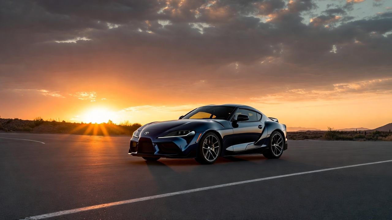 Toyota GR Supra parked on open road at sunset symbolizing driving passion.