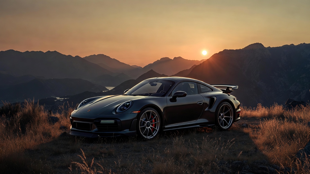 Porsche 911 Turbo S at mountain sunset symbolizing legacy and performance excellence.