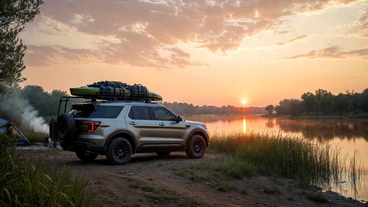 Ford Explorer Tremor at lakeside campsite representing adventure lifestyle.