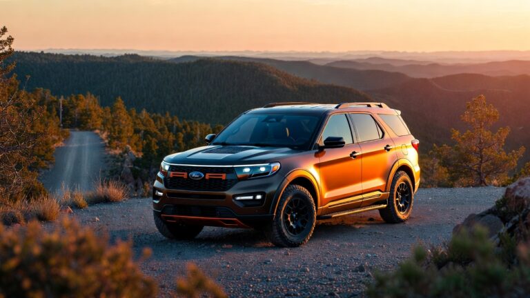 2026 Ford Explorer Tremor parked at mountain overlook showcasing rugged design and adventure-ready stance.