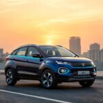 Tata Nexon EV 2026 parked in modern Indian city at sunrise.