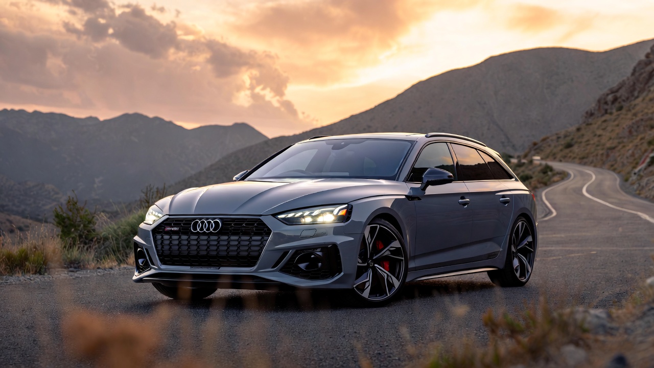 Audi RS5 Avant performance wagon parked on a scenic mountain road at sunrise.