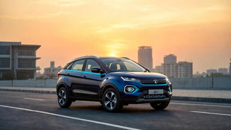 Tata Nexon EV 2026 parked in modern Indian city at sunrise.