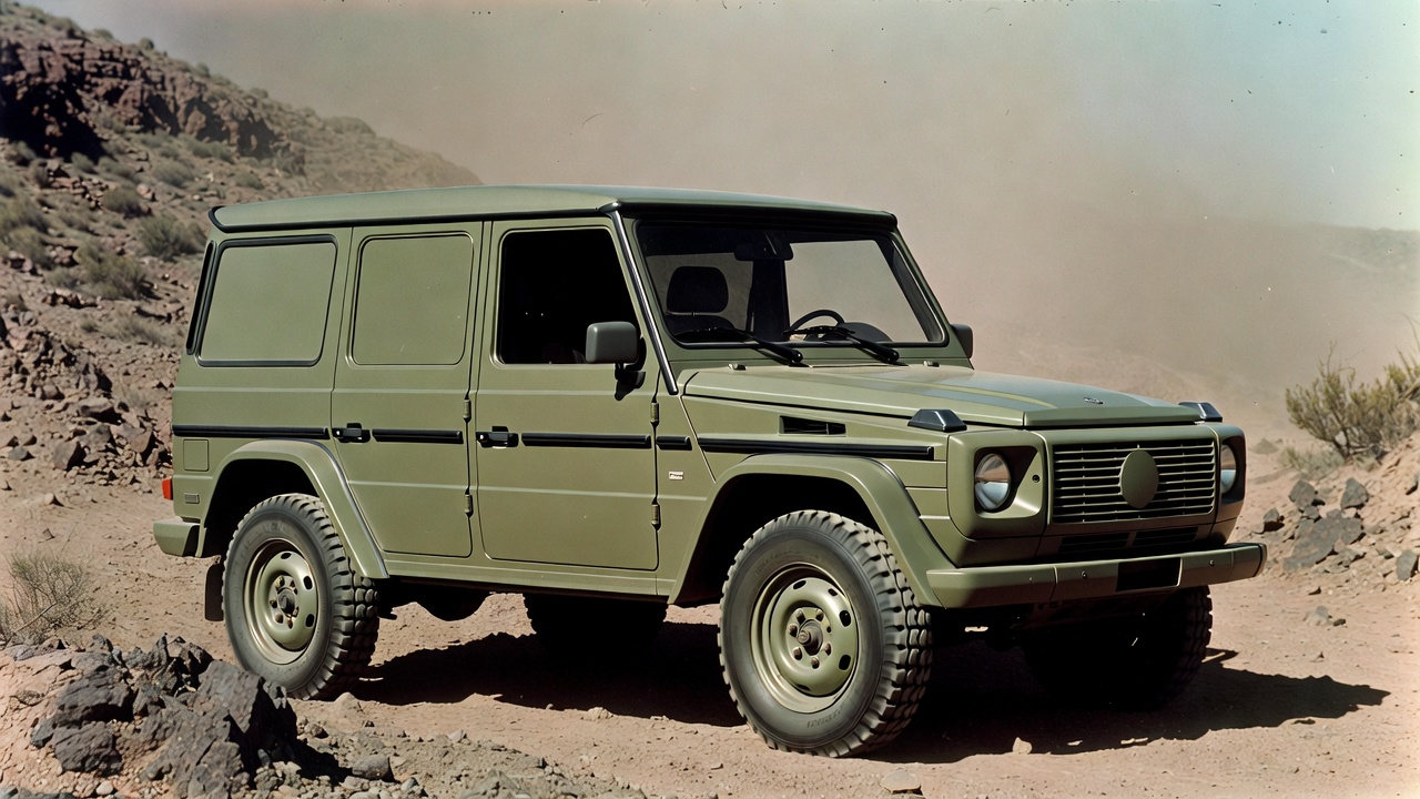 1970s early Mercedes G-Class prototype in desert terrain showing military-inspired design.
