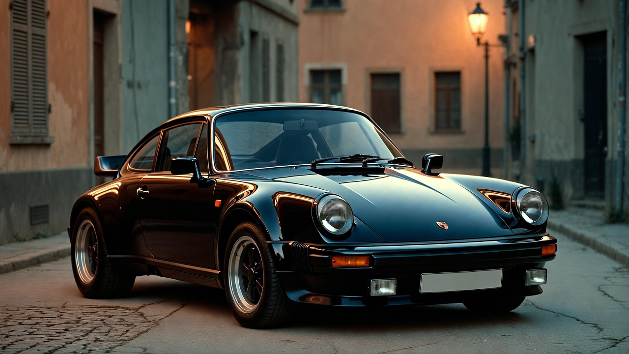 1975 Porsche 911 Turbo 930 with iconic whale tail spoiler parked on vintage European street.