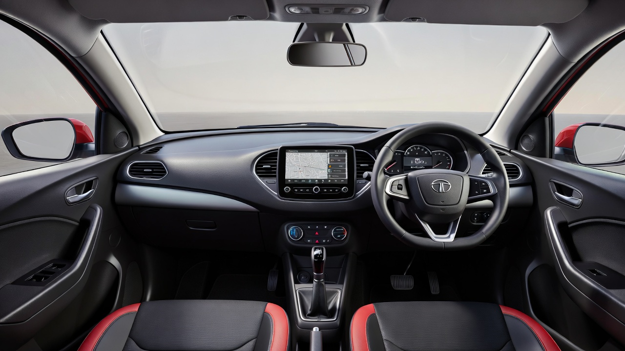 Tata Tiago interior dashboard with touchscreen infotainment system.