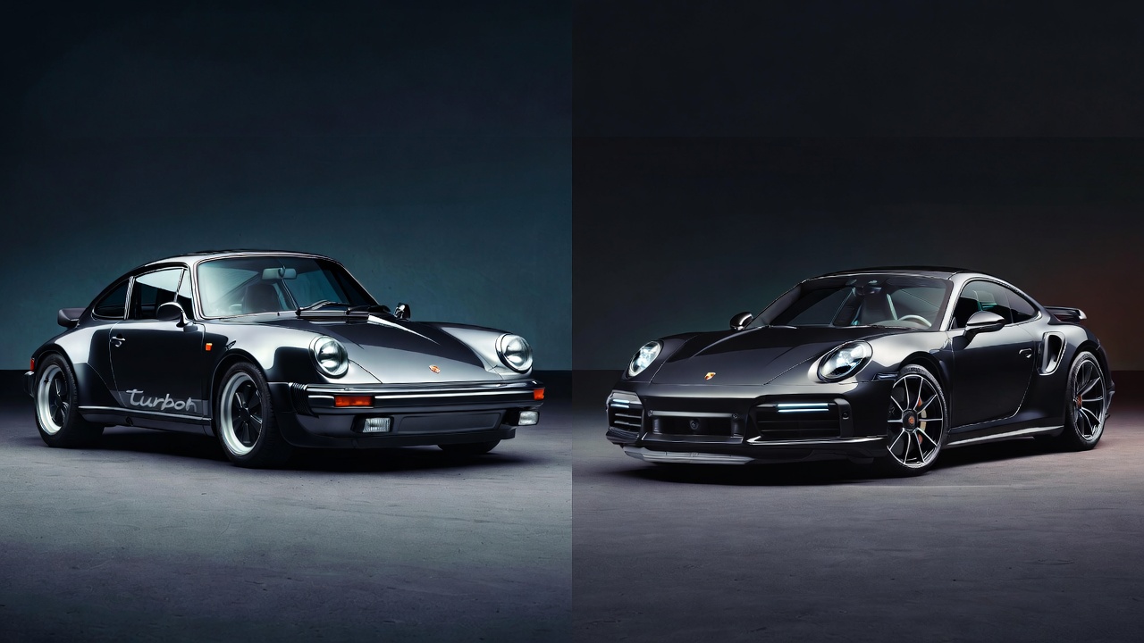 Side by side comparison of 1975 Porsche 911 Turbo 930 and modern Porsche 911 Turbo S 992 showing evolution.