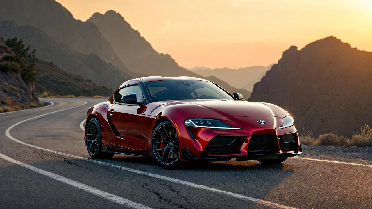 Toyota GR Supra parked on a mountain road at sunrise showing aggressive design and sporty stance.