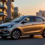 Tata Tiago parked on an Indian city road during sunset showcasing modern hatchback design.