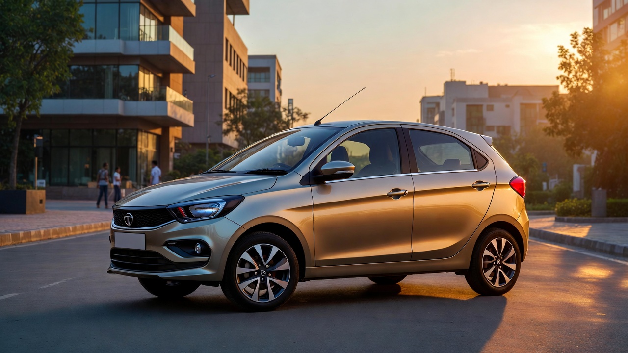 Tata Tiago parked on an Indian city road during sunset showcasing modern hatchback design.