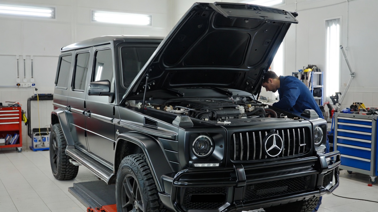 Mercedes G-Wagon W463 undergoing professional maintenance service.
