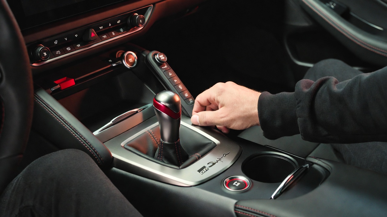 Toyota GR Supra manual transmission gear shifter close-up.