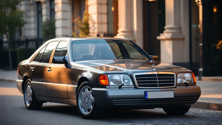 Mercedes S-Class W140 luxury sedan parked in an elegant city setting