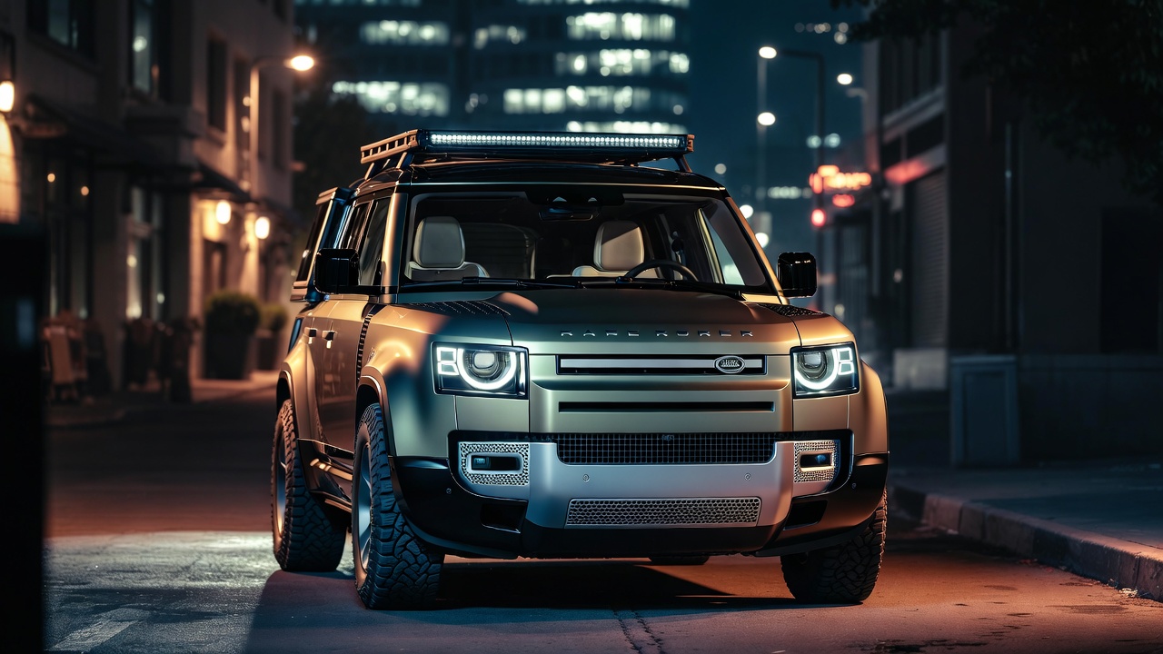 Modern Land Rover Defender 110 exterior design with LED headlights at night.