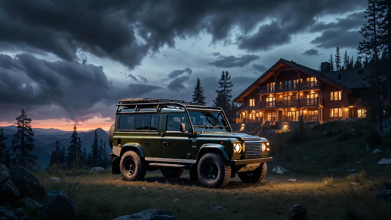 Land Rover Defender 110 parked outside mountain lodge representing ownership lifestyle.