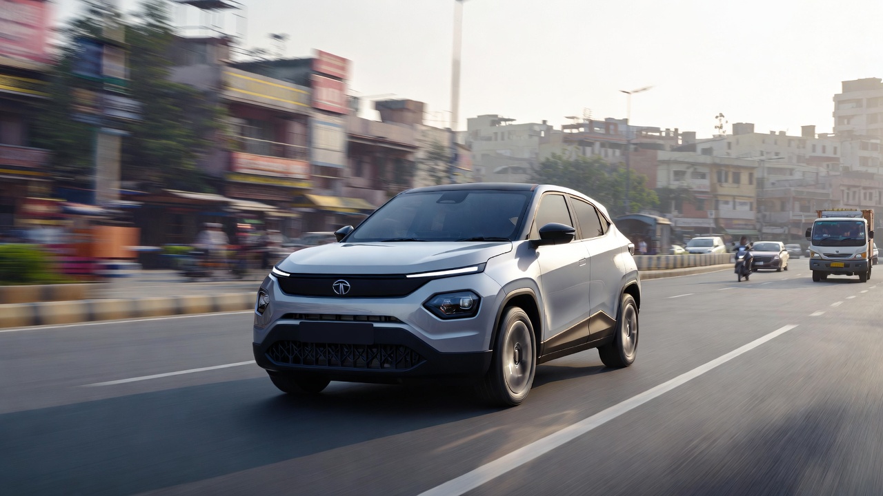 Tata Punch EV driving in city traffic showing smooth electric performance.