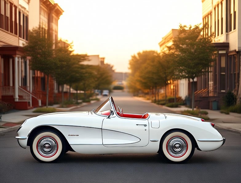White Chevrolet Corvette 1953 Car Stainding On Street for Front View.