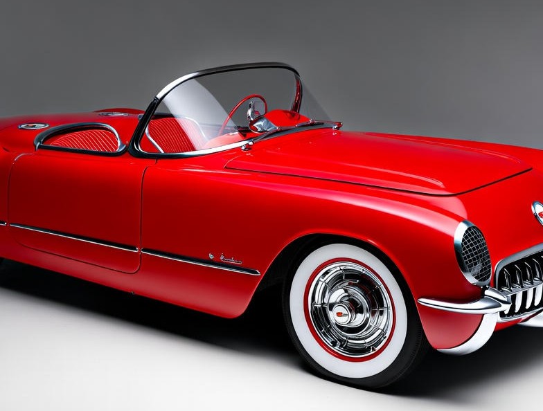 Red Chevrolet Corvette 1953 Car Front View, and its Design, Texture, Style.