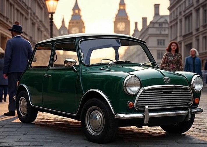 Blue Classic Mini Cooper 1959 in British racing green. It Standing On Street Road