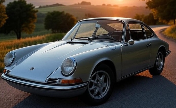 Sky Blue 1964 Porsche 911 Car pront View and is parking in infront of hill/mountain